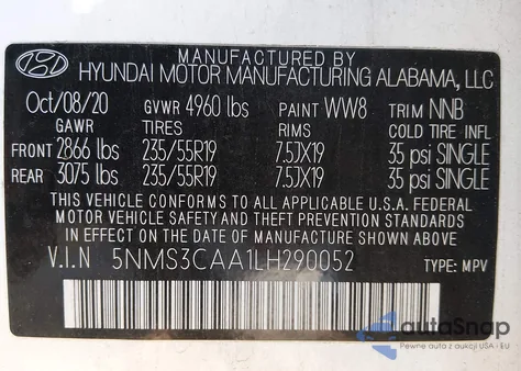 2020 Hyundai Santa Fe Sel 2.0T из США, поврежденный, VIN 5NMS3CAA1LH290052